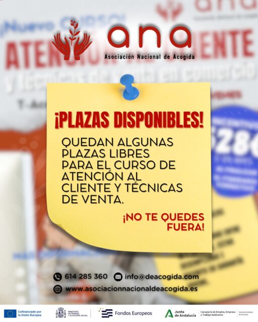 🚨 ¡𝗔𝘂́𝗻 𝗲𝘀𝘁𝗮́𝘀 𝗮 𝘁𝗶𝗲𝗺𝗽𝗼!
Todavía quedan 𝗽𝗹𝗮𝘇𝗮𝘀 𝗱𝗶𝘀𝗽𝗼𝗻𝗶𝗯𝗹𝗲𝘀 para el 𝗰𝘂𝗿𝘀𝗼 𝗱𝗲 “𝗔𝘁𝗲𝗻𝗰𝗶𝗼́𝗻 𝗮𝗹 𝗖𝗹𝗶𝗲𝗻𝘁𝗲 𝘆 𝗧𝗲́𝗰𝗻𝗶𝗰𝗮𝘀 𝗱𝗲 𝗩𝗲𝗻𝘁𝗮” en 𝗔𝗡𝗔.
Si quieres mejorar tus habilidades, aprender a conectar mejor con los clientes y aumentar tus oportunidades laborales, este curso es para ti. 💼✨
⏳ No dejes pasar esta oportunidad.
𝗖𝗼𝗻𝘁𝗮𝗰𝘁𝗮 𝗰𝗼𝗻 𝗻𝗼𝘀𝗼𝘁𝗿𝗼𝘀 𝘆 𝘁𝗲 𝗶𝗻𝗳𝗼𝗿𝗺𝗮𝗺𝗼𝘀 𝘀𝗶𝗻 𝗰𝗼𝗺𝗽𝗿𝗼𝗺𝗶𝘀𝗼.
📍 Edificio Sevilla 2, Planta baja, módulo 16 – Sevilla
🕗 De lunes a viernes de 8:00 a 15:00
📞 614 285 360 | ✉️ info@deacogida.com
¿𝘈 𝘲𝘶𝘦́ 𝘦𝘴𝑝𝘦𝘳𝘢𝘴? ¡𝘙𝘦𝘴𝘦𝘳𝘷𝘢 𝘵𝘶 𝑝𝘭𝘢𝘻𝘢 𝘢𝘩𝘰𝘳𝘢!
#Formación #AtenciónAlCliente #TécnicasDeVenta #Cursos #Oportunidades