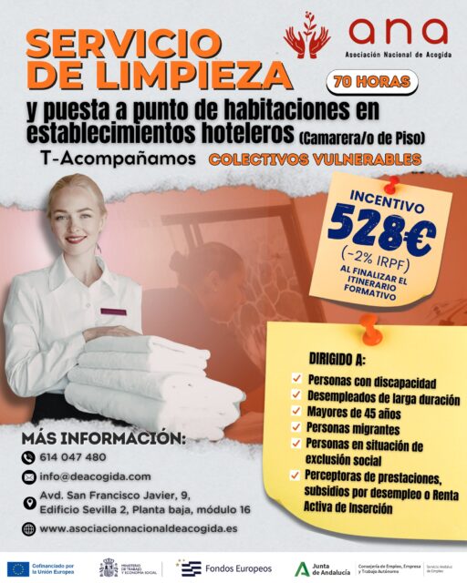 🧹✨ ¡𝗡𝘂𝗲𝘃𝗮 𝗳𝗼𝗿𝗺𝗮𝗰𝗶𝗼́𝗻 𝗲𝗻 𝗦𝗲𝘃𝗶𝗹𝗹𝗮 𝗰𝗼𝗻 𝗔𝗡𝗔! ✨🧹
Desde el programa 𝗧-𝗔𝗰𝗼𝗺𝗽𝗮ñ𝗮𝗺𝗼𝘀 𝗖𝗼𝗹𝗲𝗰𝘁𝗶𝘃𝗼𝘀 𝗩𝘂𝗹𝗻𝗲𝗿𝗮𝗯𝗹𝗲𝘀, ponemos en marcha el curso de 𝗦𝗲𝗿𝘃𝗶𝗰𝗶𝗼 𝗱𝗲 𝗟𝗶𝗺𝗽𝗶𝗲𝘇𝗮 𝘆 𝗣𝘂𝗲𝘀𝘁𝗮 𝗮 𝗣𝘂𝗻𝘁𝗼 𝗱𝗲 𝗛𝗮𝗯𝗶𝘁𝗮𝗰𝗶𝗼𝗻𝗲𝘀 𝗲𝗻 𝗘𝘀𝘁𝗮𝗯𝗹𝗲𝗰𝗶𝗺𝗶𝗲𝗻𝘁𝗼𝘀 𝗛𝗼𝘁𝗲𝗹𝗲𝗿𝗼𝘀 (𝗖𝗮𝗺𝗮𝗿𝗲𝗿𝗮/𝗼 𝗱𝗲 𝗣𝗶𝘀𝗼) 🏨🛏️
🎯 ¿𝗤𝘂𝗲́ 𝘁𝗲 𝗼𝗳𝗿𝗲𝗰𝗲𝗺𝗼𝘀?
✔️ 70 𝘩𝘰𝘳𝘢𝘴 𝘥𝘦 𝘧𝘰𝘳𝘮𝘢𝘤𝘪𝘰́𝘯
✔️ 𝘚𝘦𝘷𝘪𝘭𝘭𝘢
✔️ 𝘗𝘭𝘢𝘻𝘢𝘴 𝘭𝘪𝘮𝘪𝘵𝘢𝘥𝘢𝘴
💶 Además, podrás recibir un 𝗶𝗻𝗰𝗲𝗻𝘁𝗶𝘃𝗼 𝗱𝗲 𝟱𝟮𝟴€ (-2% IRPF) al finalizar el itinerario formativo.
📌 𝗗𝗶𝗿𝗶𝗴𝗶𝗱𝗼 𝗮:
• 𝘗𝘦𝘳𝘴𝘰𝘯𝘢𝘴 𝘤𝘰𝘯 𝘥𝘪𝘴𝘤𝘢𝑝𝘢𝘤𝘪𝘥𝘢𝘥
• 𝘋𝘦𝘴𝘦𝘮𝑝𝘭𝘦𝘢𝘥𝘰𝘴/𝘢𝘴 𝘥𝘦 𝘭𝘢𝘳𝘨𝘢 𝘥𝘶𝘳𝘢𝘤𝘪𝘰́𝘯
• 𝘔𝘢𝘺𝘰𝘳𝘦𝘴 𝘥𝘦 45 𝘢ñ𝘰𝘴
• 𝘗𝘦𝘳𝘴𝘰𝘯𝘢𝘴 𝘮𝘪𝘨𝘳𝘢𝘯𝘵𝘦𝘴
• 𝘗𝘦𝘳𝘴𝘰𝘯𝘢𝘴 𝘦𝘯 𝘴𝘪𝘵𝘶𝘢𝘤𝘪𝘰́𝘯 𝘥𝘦 𝘦𝘹𝘤𝘭𝘶𝘴𝘪𝘰́𝘯 𝘴𝘰𝘤𝘪𝘢𝘭
• 𝘗𝘦𝘳𝘴𝘰𝘯𝘢𝘴 𝑝𝘦𝘳𝘤𝘦𝑝𝘵𝘰𝘳𝘢𝘴 𝘥𝘦 𝑝𝘳𝘦𝘴𝘵𝘢𝘤𝘪𝘰𝘯𝘦𝘴, 𝘴𝘶𝘣𝘴𝘪𝘥𝘪𝘰𝘴 𝑝𝘰𝘳 𝘥𝘦𝘴𝘦𝘮𝑝𝘭𝘦𝘰 𝘰 𝘙𝘦𝘯𝘵𝘢 𝘈𝘤𝘵𝘪𝘷𝘢 𝘥𝘦 𝘐𝘯𝘴𝘦𝘳𝘤𝘪𝘰́𝘯
🙌 Una oportunidad para adquirir nuevas competencias profesionales y mejorar tu acceso al mercado laboral en el sector hotelero.
𝘾𝙊𝙉𝙏𝘼𝘾𝙏𝘼 𝘾𝙊𝙉 𝙉𝙊𝙎𝙊𝙏𝙍𝙊𝙎:
📍 Avd. San Francisco Javier, 9, Edificio Sevilla 2, Planta baja, módulo 16 – Sevilla
🕗 De lunes a viernes de 8:00 a 15:00
📞 614 285 360 | ✉️ info@deacogida.com
🙌 𝘜𝘯𝘢 𝘰𝑝𝘰𝘳𝘵𝘶𝘯𝘪𝘥𝘢𝘥 𝑝𝘢𝘳𝘢 𝘢𝘥𝘲𝘶𝘪𝘳𝘪𝘳 𝘯𝘶𝘦𝘷𝘢𝘴 𝘤𝘰𝘮𝑝𝘦𝘵𝘦𝘯𝘤𝘪𝘢𝘴 𝑝𝘳𝘰𝘧𝘦𝘴𝘪𝘰𝘯𝘢𝘭𝘦𝘴 𝘺 𝘮𝘦𝘫𝘰𝘳𝘢𝘳 𝘵𝘶 𝘢𝘤𝘤𝘦𝘴𝘰 𝘢𝘭 𝘮𝘦𝘳𝘤𝘢𝘥𝘰 𝘭𝘢𝘣𝘰𝘳𝘢𝘭 𝘦𝘯 𝘦𝘭 𝘴𝘦𝘤𝘵𝘰𝘳 𝘩𝘰𝘵𝘦𝘭𝘦𝘳𝘰.
#ANA #Formación #Empleo #CamareraDePiso #Hostelería #InserciónLaboral #Sevilla #ColectivosVulnerables #TAcompañamos #CursosSevilla #OportunidadLaboral #FormaciónGratuita #Andalucía #EmpleoInclusivo