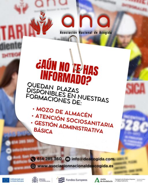 🚨 ¡𝗔𝗨́𝗡 𝗤𝗨𝗘𝗗𝗔𝗡 𝗣𝗟𝗔𝗭𝗔𝗦 𝗗𝗜𝗦𝗣𝗢𝗡𝗜𝗕𝗟𝗘𝗦! 🚨
Si estás buscando una oportunidad laboral con futuro, esta es tu oportunidad 👇
✅ 𝘊𝘶𝘳𝘴𝘰 𝘥𝘦 𝘔𝘰𝘻𝘰 𝘥𝘦 𝘢𝘭𝘮𝘢𝘤𝘦́𝘯 𝘺 𝘤𝘢𝘳𝘳𝘦𝘵𝘪𝘭𝘭𝘦𝘳𝘰 (50 horas)
✅ 𝘊𝘶𝘳𝘴𝘰 𝘥𝘦 𝘈𝘵𝘦𝘯𝘤𝘪𝘰́𝘯 𝘴𝘰𝘤𝘪𝘰𝘴𝘢𝘯𝘪𝘵𝘢𝘳𝘪𝘢 𝘢 𝑝𝘦𝘳𝘴𝘰𝘯𝘢𝘴 𝘥𝘦𝑝𝘦𝘯𝘥𝘪𝘦𝘯𝘵𝘦𝘴 𝘦𝘯 𝘥𝘰𝘮𝘪𝘤𝘪𝘭𝘪𝘰 (50 horas)
✅ 𝘊𝘶𝘳𝘴𝘰 𝘥𝘦 𝘎𝘦𝘴𝘵𝘪𝘰́𝘯 𝘢𝘥𝘮𝘪𝘯𝘪𝘴𝘵𝘳𝘢𝘵𝘪𝘷𝘢 𝘣𝘢́𝘴𝘪𝘤𝘢 𝘤𝘰𝘯 𝘌𝘹𝘤𝘦𝘭 𝘺 𝘍𝘢𝘤𝘵𝘶𝘳𝘢𝘤𝘪𝘰́𝘯 (50 horas)
Dos sectores con alta demanda laboral y muchas oportunidades de empleo 📈
Estos cursos forman parte del programa 𝗣𝗿𝗼𝘆𝗲𝗰𝘁𝗼𝘀 𝗜𝗻𝘁𝗲𝗴𝗿𝗮𝗹𝗲𝘀 𝗽𝗮𝗿𝗮 𝗝𝗼́𝘃𝗲𝗻𝗲𝘀 (𝗧-𝗔𝗰𝗼𝗺𝗽𝗮ñ𝗮𝗺𝗼𝘀), pensado para ayudarte a impulsar tu futuro profesional 💼✨
¡𝗡𝗢 𝗘𝗦𝗣𝗘𝗥𝗘𝗦 𝗠𝗔́𝗦! 𝘆 𝗿𝗲𝘀𝗲𝗿𝘃𝗮 𝘆𝗮 𝘁𝘂 𝗽𝗹𝗮𝘇𝗮.
📍 Edificio Sevilla 2, Planta baja, módulo 16 – Sevilla
🕗 De lunes a viernes de 8:00 a 15:00
📞 614 285 360 | ✉️ info@deacogida.com
¡𝘛𝘶 𝑝𝘳𝘰́𝘹𝘪𝘮𝘰 𝑝𝘢𝘴𝘰 𝘦𝘮𝑝𝘪𝘦𝘻𝘢 𝘩𝘰𝘺!
#ANA #TAcompañamos #Formación #EmpleoJuvenil #CursosGratuitos #MozoDeAlmacén #Carretillero #AtenciónSociosanitaria #InserciónLaboral #FormaciónParaElEmpleo