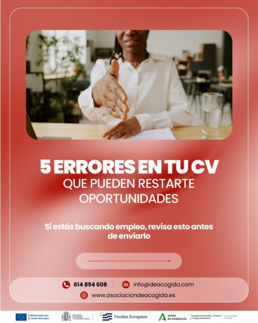 📄 Tu CV puede abrirte puertas… o hacer que pierdas oportunidades sin darte cuenta.

Cuando estás buscando empleo, tu currículum es muchas veces la primera impresión que una empresa tiene de ti. Por eso, revisarlo bien antes de enviarlo puede marcar la diferencia.

Estos son algunos errores habituales que conviene evitar:

✔️ Incluir demasiada información
✔️ Enviar el mismo CV a todas las ofertas
✔️ No destacar tus competencias principales
✔️ Descuidar el diseño o la claridad
✔️ Tener datos de contacto incompletos o desactualizados

Un buen CV no tiene que ser perfecto, pero sí claro, ordenado y adaptado al puesto al que quieres acceder.

En ANA acompañamos a personas en búsqueda de empleo para mejorar su empleabilidad, preparar mejor sus candidaturas y dar pasos más seguros hacia nuevas oportunidades.

💬 ¿Estás buscando trabajo y necesitas orientación? Escríbenos y te informamos.

#ANA #Empleo #OrientaciónLaboral #BúsquedaDeEmpleo #Currículum #CV #InserciónLaboral #FormaciónParaElEmpleo #Empleabilidad #InclusiónSocial #Andalucía