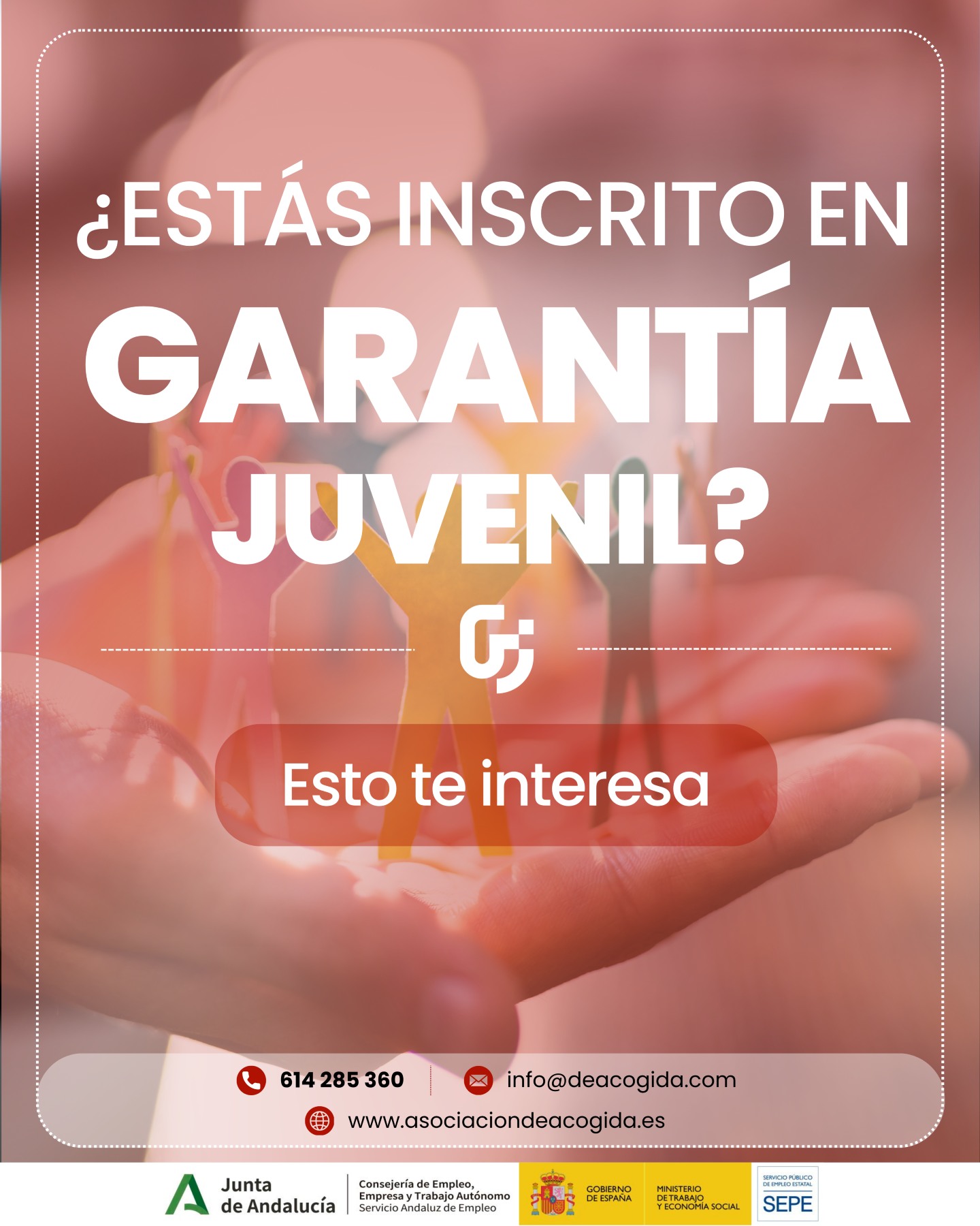 ¿Estás inscrito/a en Garantía Juvenil y no sabes cuál es el siguiente paso?

En ANA podemos ayudarte a convertir esa inscripción en una oportunidad para avanzar.

A través de nuestros programas, ofrecemos orientación, formación y acompañamiento laboral para jóvenes que quieren mejorar su empleabilidad, prepararse mejor y acercarse al mercado laboral con más seguridad.

No hace falta que lo tengas todo claro desde el principio.
Para eso estamos: para escucharte, informarte y ayudarte a encontrar el camino que mejor encaje contigo.

Si cumples los requisitos, puedes acceder a itinerarios pensados para adquirir nuevas competencias y dar pasos reales hacia tu futuro profesional.

💬 Escríbenos y te contamos cómo participar.

#ANA #GarantíaJuvenil #EmpleoJoven #OrientaciónLaboral #FormaciónParaElEmpleo #InserciónLaboral #Empleabilidad #Jóvenes #Acompañamiento #InclusiónSocial #Andalucía